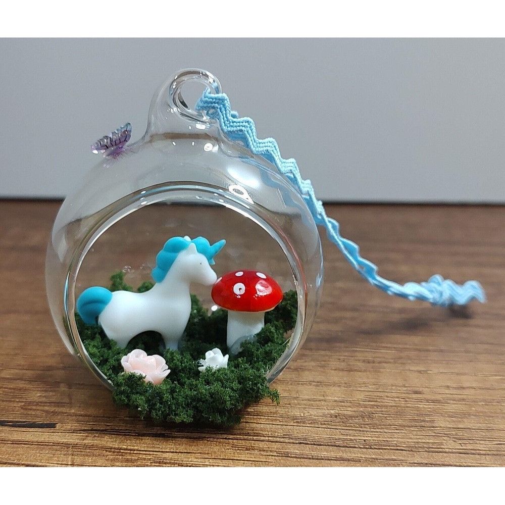 Handmade Glass Diorama Christmas Ornament Terrarium Fairy Garden Unicorn Rose